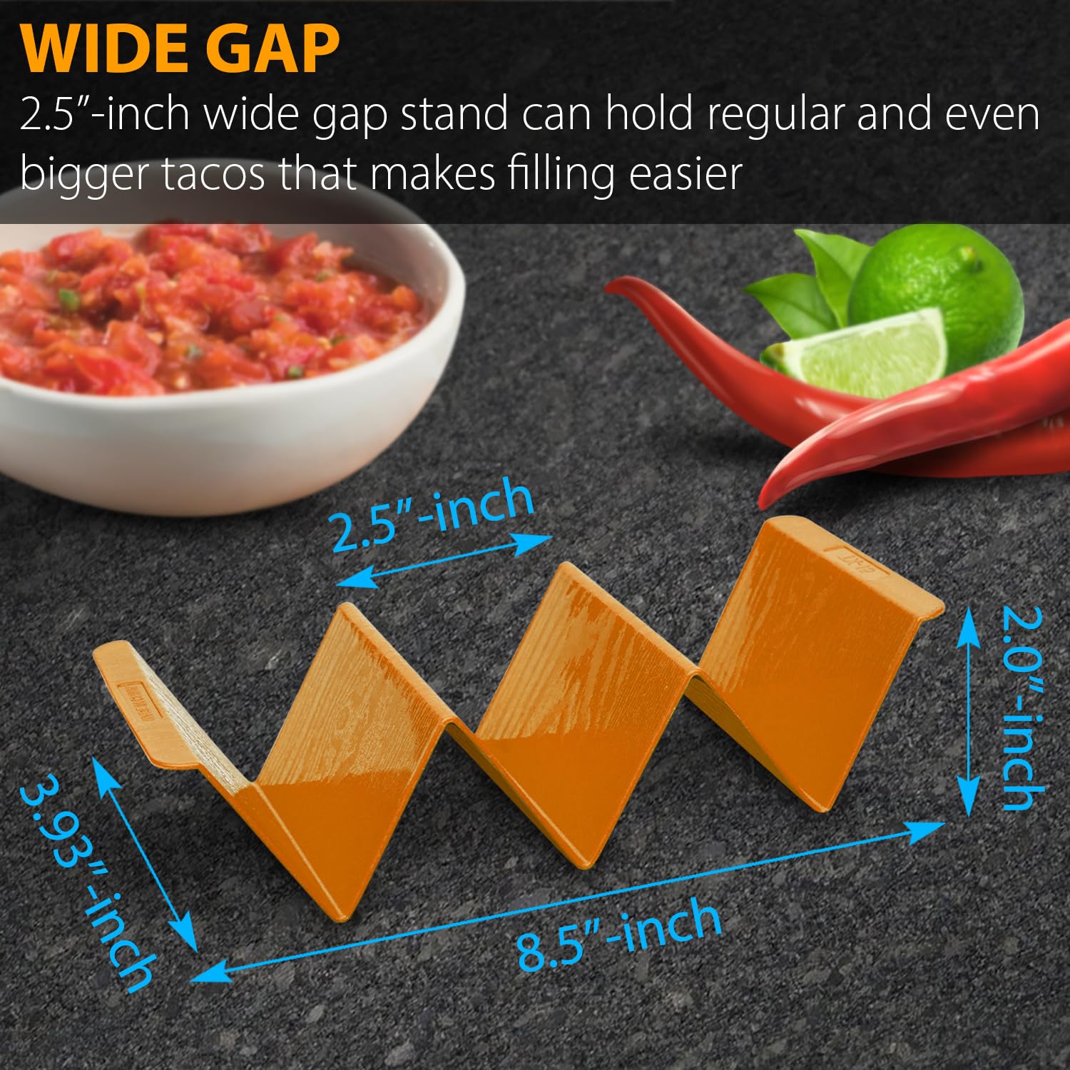 KSEV stackable taco holders save space on kitchen shelves.