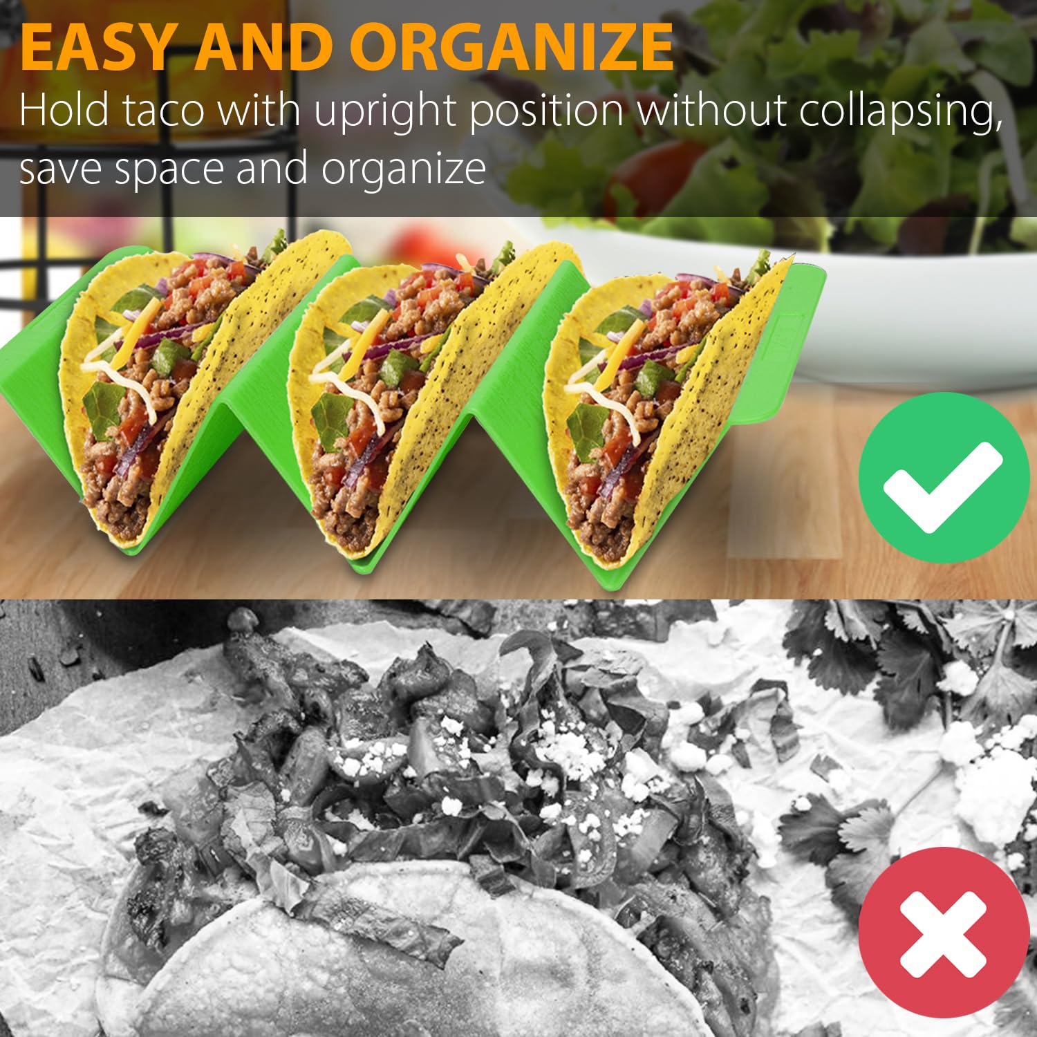KSEV taco stand accommodates soft and hard shells for easy serving.