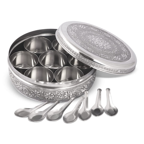 KSJONE designer spice container masala dabba with seven jars for organized seasoning at a glance