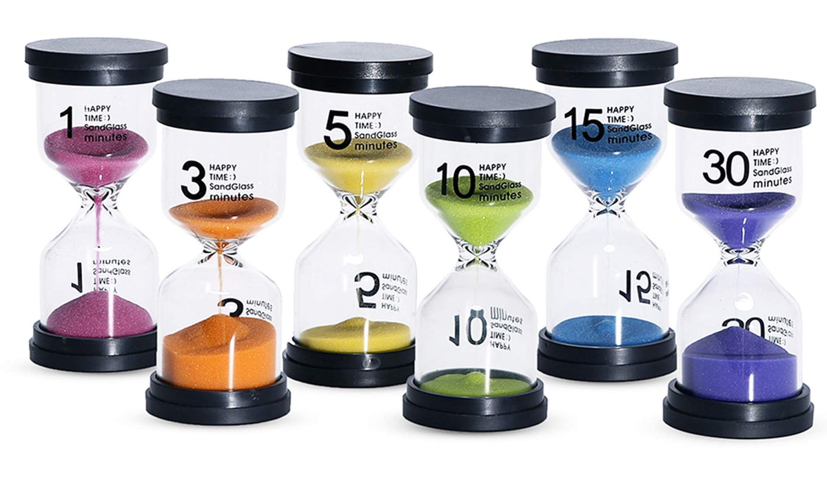 KSM UP sand timer six-pack with colorful sand aiding quick time management.