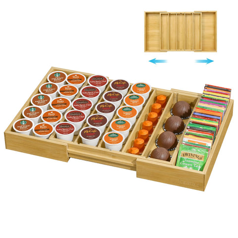 Kssiaz bamboo coffee pod drawer front view shows tidy pod storage on the kitchen counter