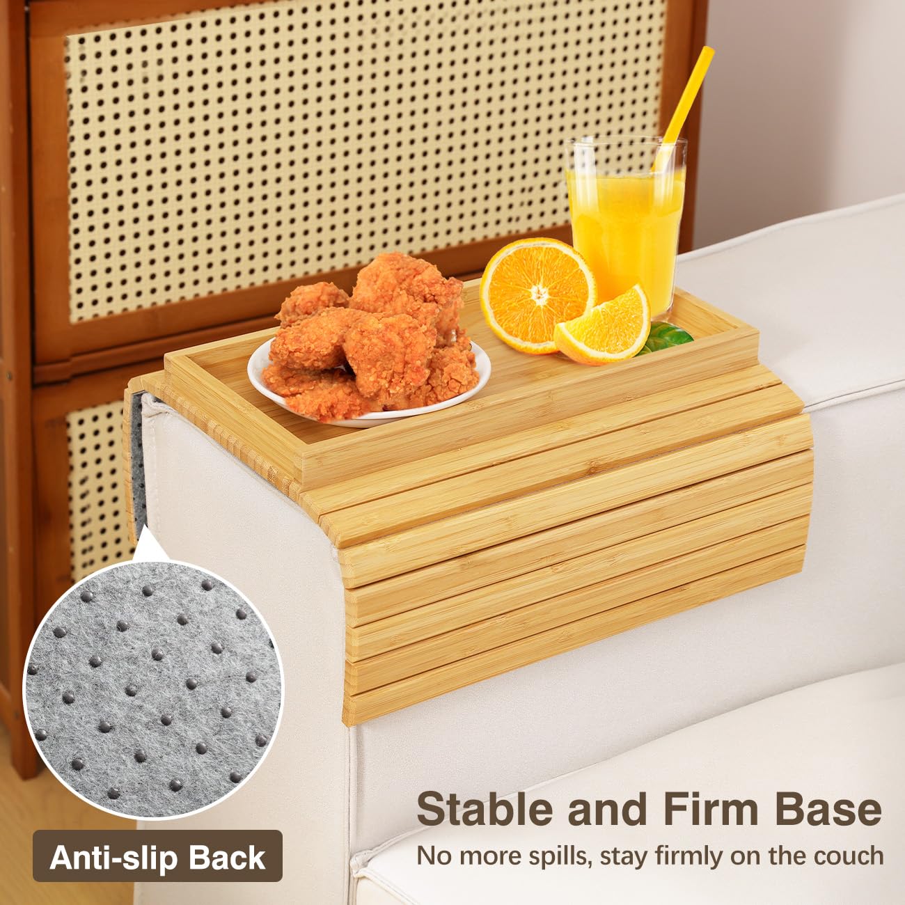 Kssiaz multi-use arm tray serves snacks, drinks, remotes, and devices.