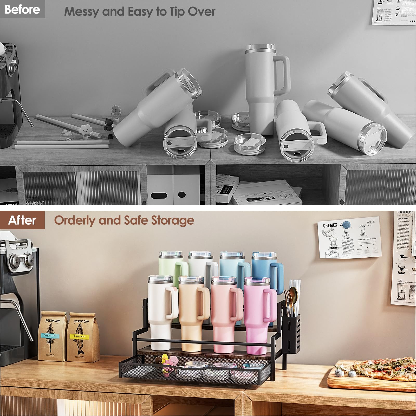 Kssiaz pull-out basket stores lids and straws for quick cup prep