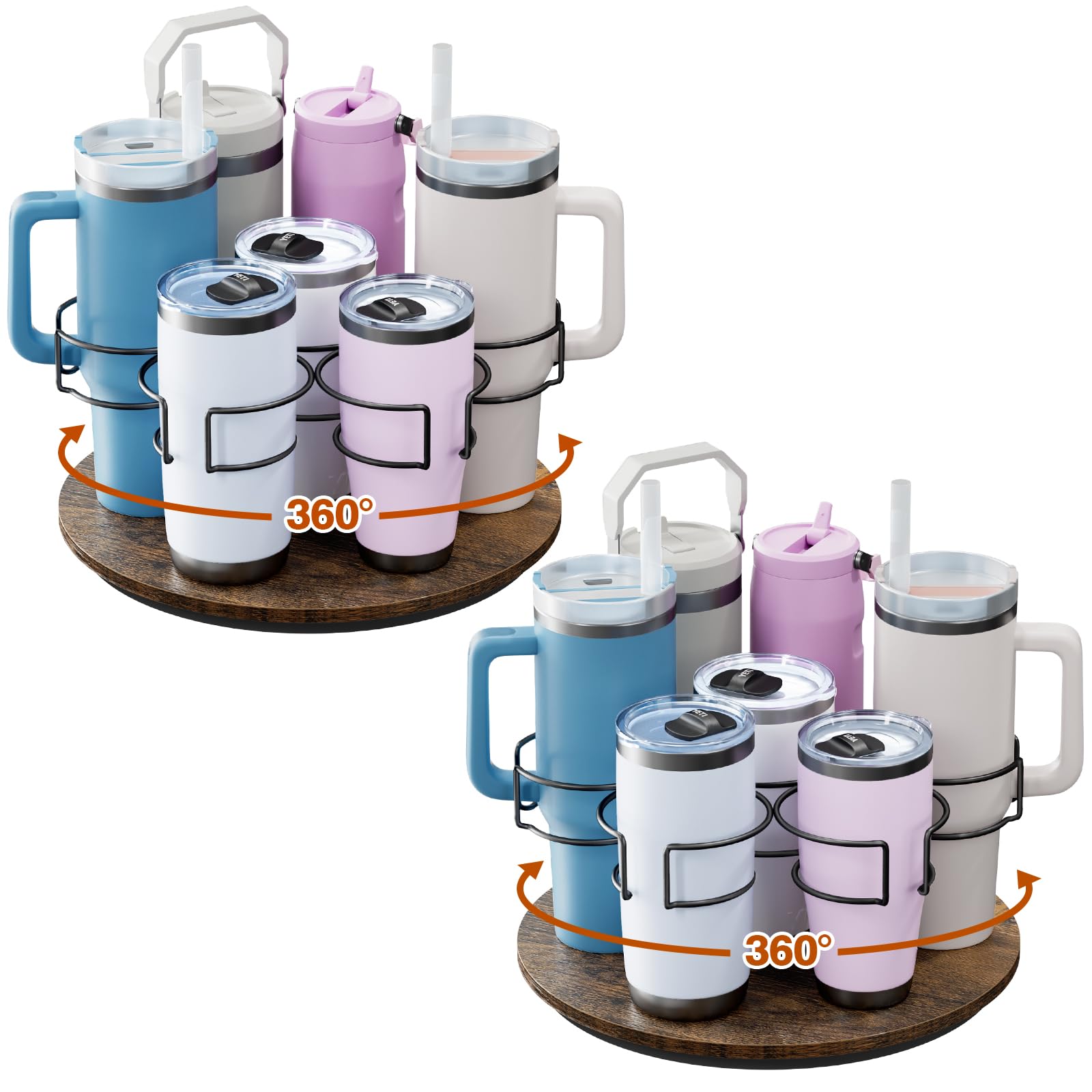 Kssiaz rotating bottle organizer with Stanley 40oz on wooden base for easy countertop access