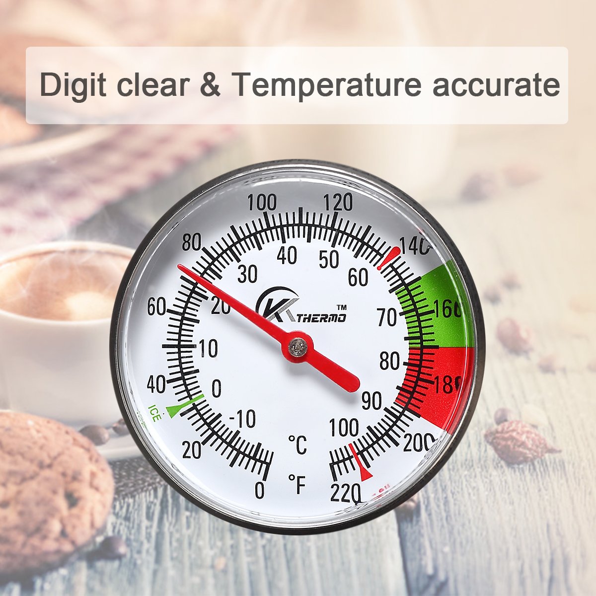 KT THERMO dial thermometer controls milk foam temperature for better texture.