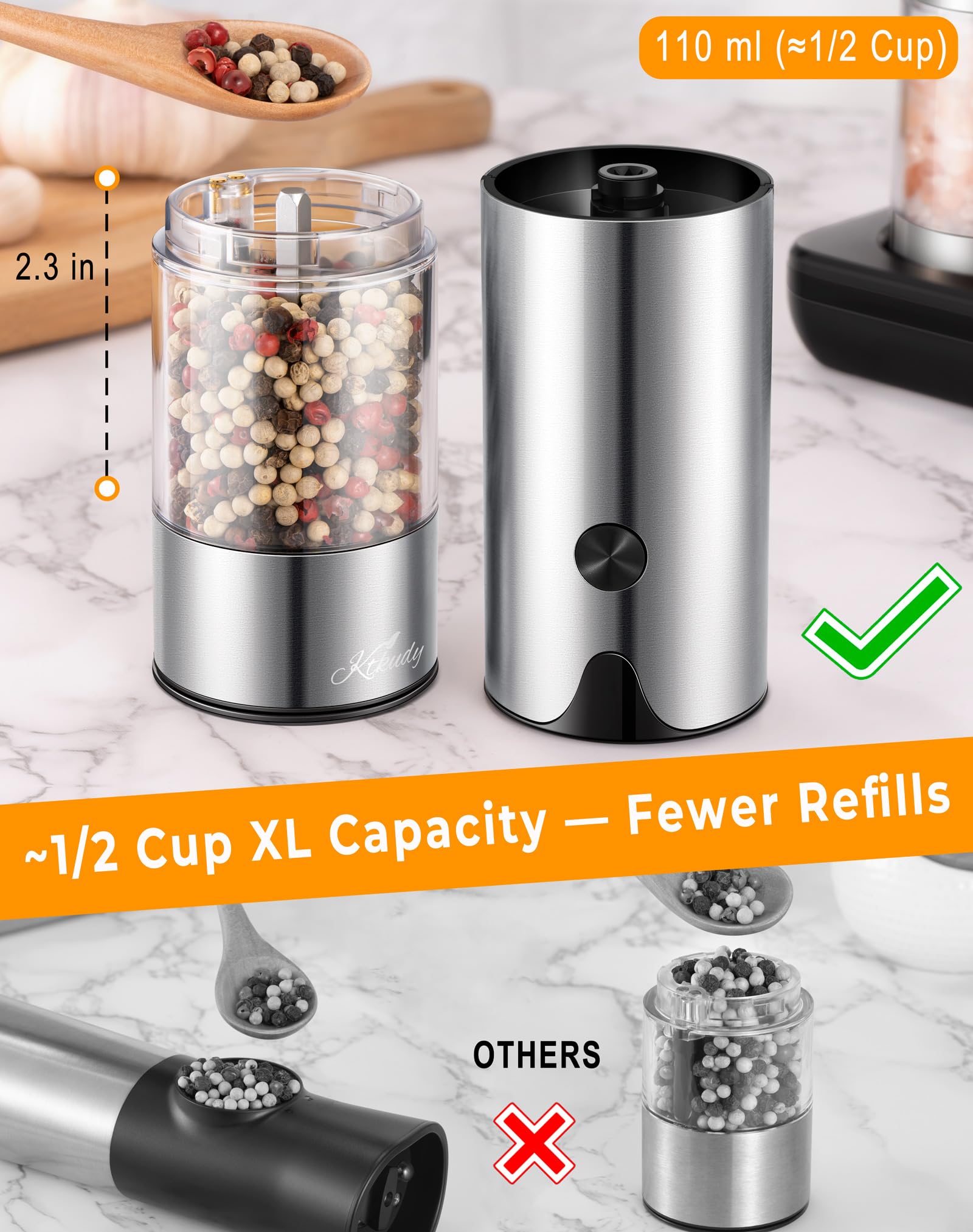 KTKUDY electric pepper grinder with LED light for precise grinding.