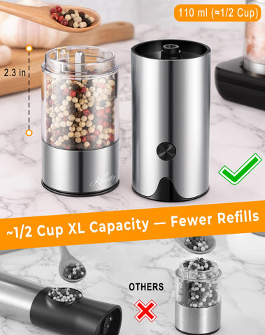 KTKUDY electric pepper grinder with LED light for precise grinding.