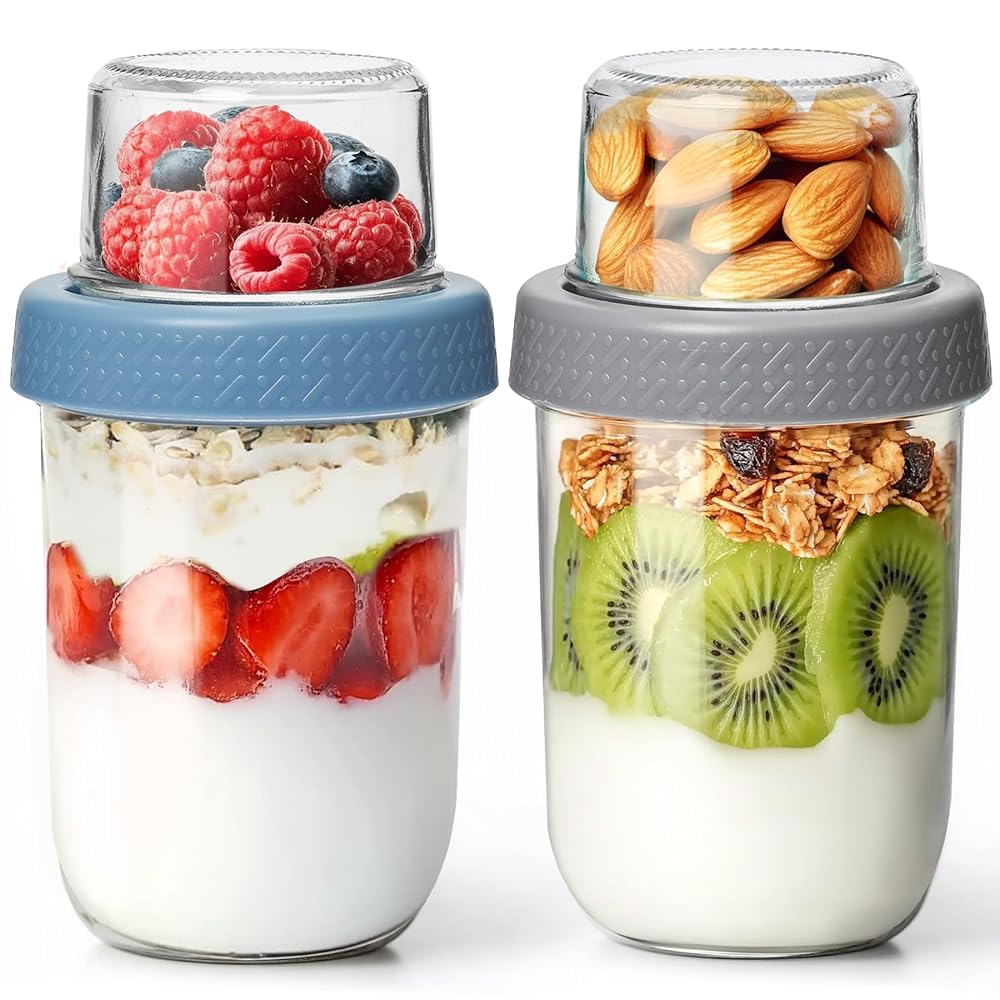KTMAMA overnight oats blue jar with layered storage for dry ingredients.