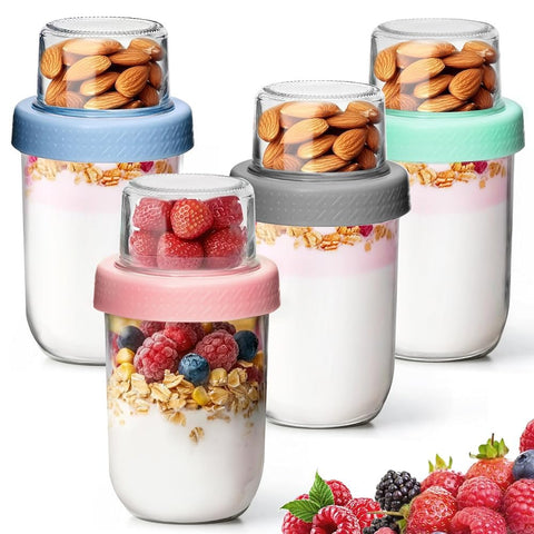 KTMAMA overnight oats container upper compartment stores dry ingredients for quick breakfast prep.