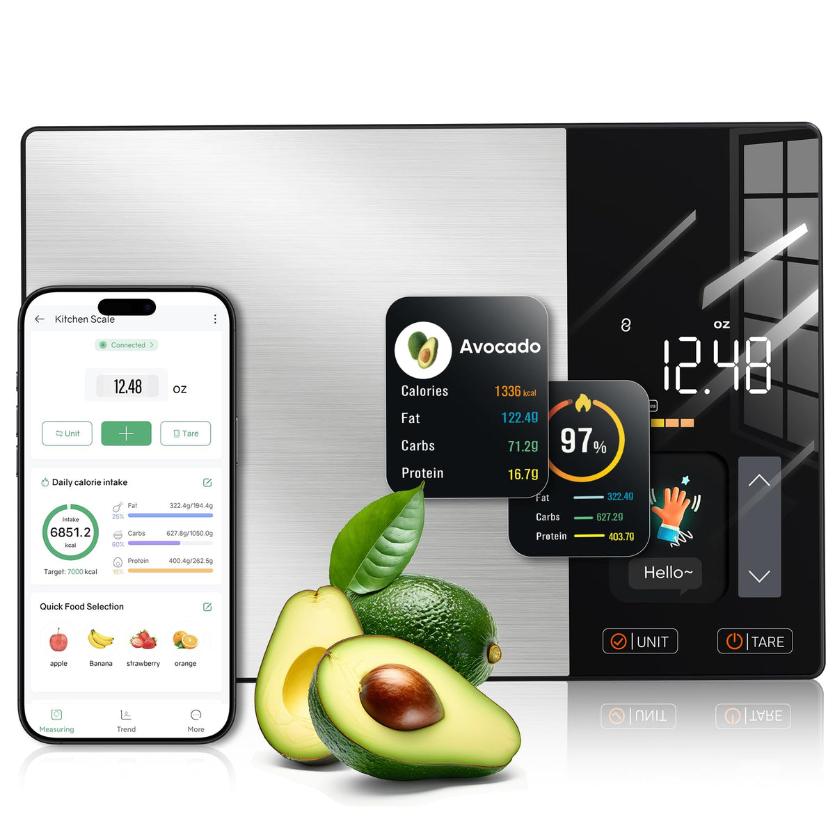 KUAIVO smart nutrition scale with TFT display shows clear weight and macro data for quick meal prep.