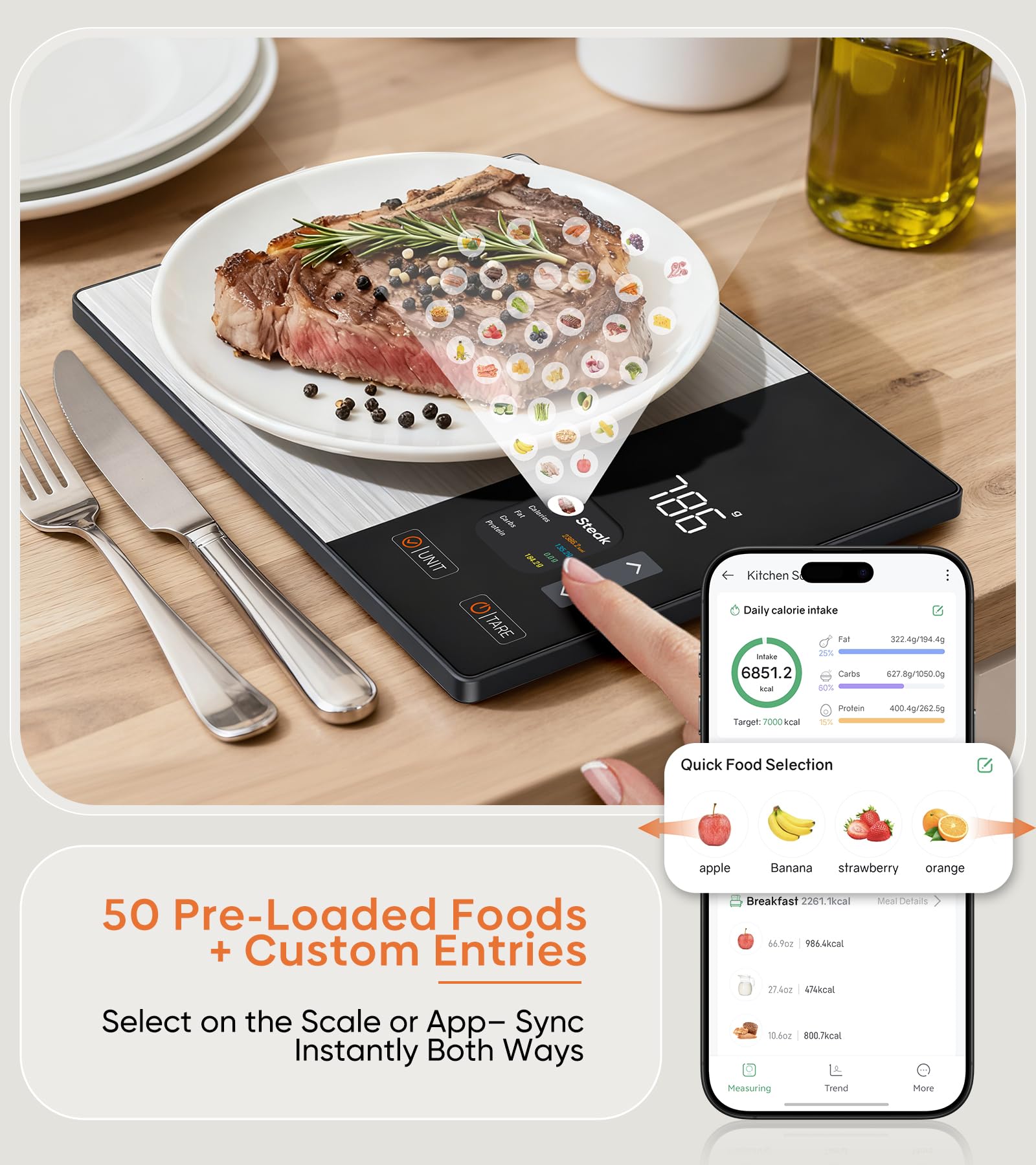 KUAIVO TFT display highlights calories, protein, carbs, and fat at a glance.