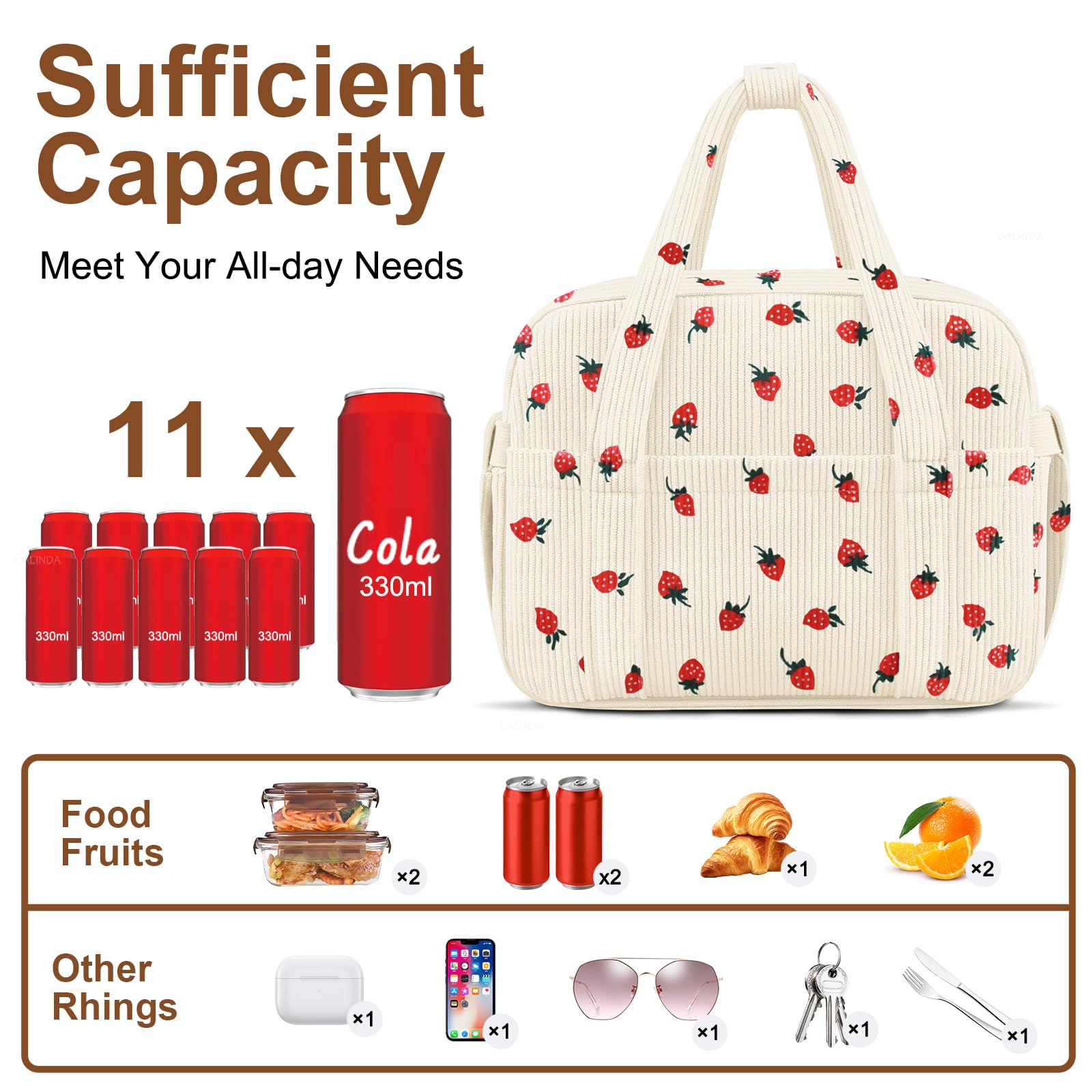 KUBYA corduroy lunch bag front pocket strawberry pattern for easy snacks