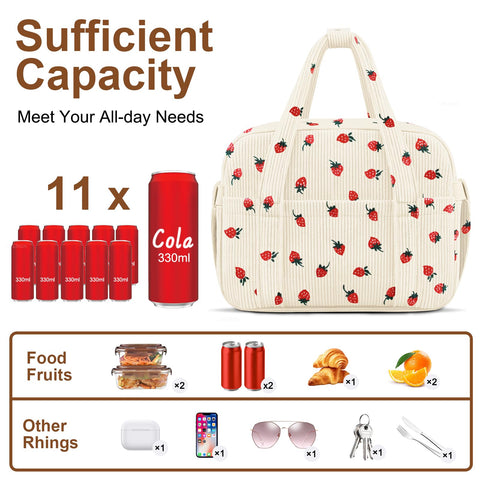 KUBYA corduroy lunch bag front pocket strawberry pattern for easy snacks