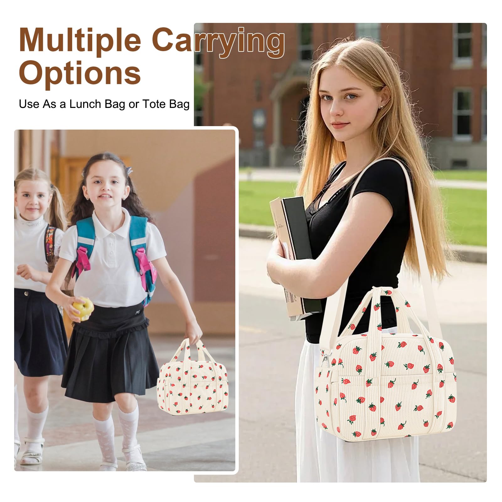 KUBYA corduroy lunch bag multiple pockets organize items