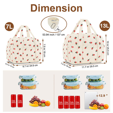 KUBYA corduroy lunch bag detachable shoulder strap for hands-free carrying