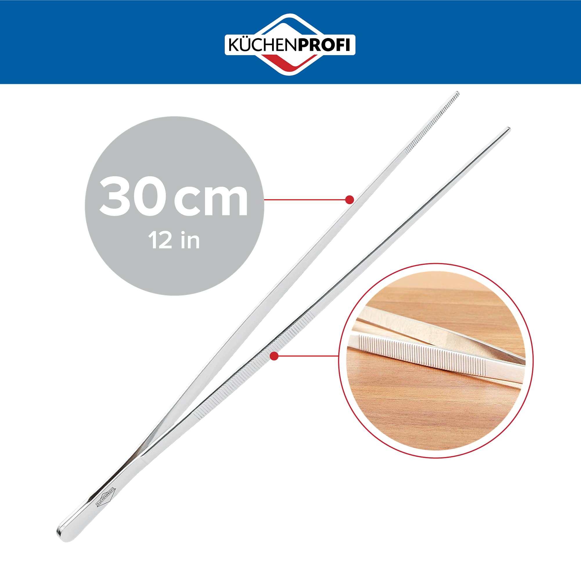 Küchenprofi 12-Inch Tweezer Tongs with grooved head for secure meat plating.