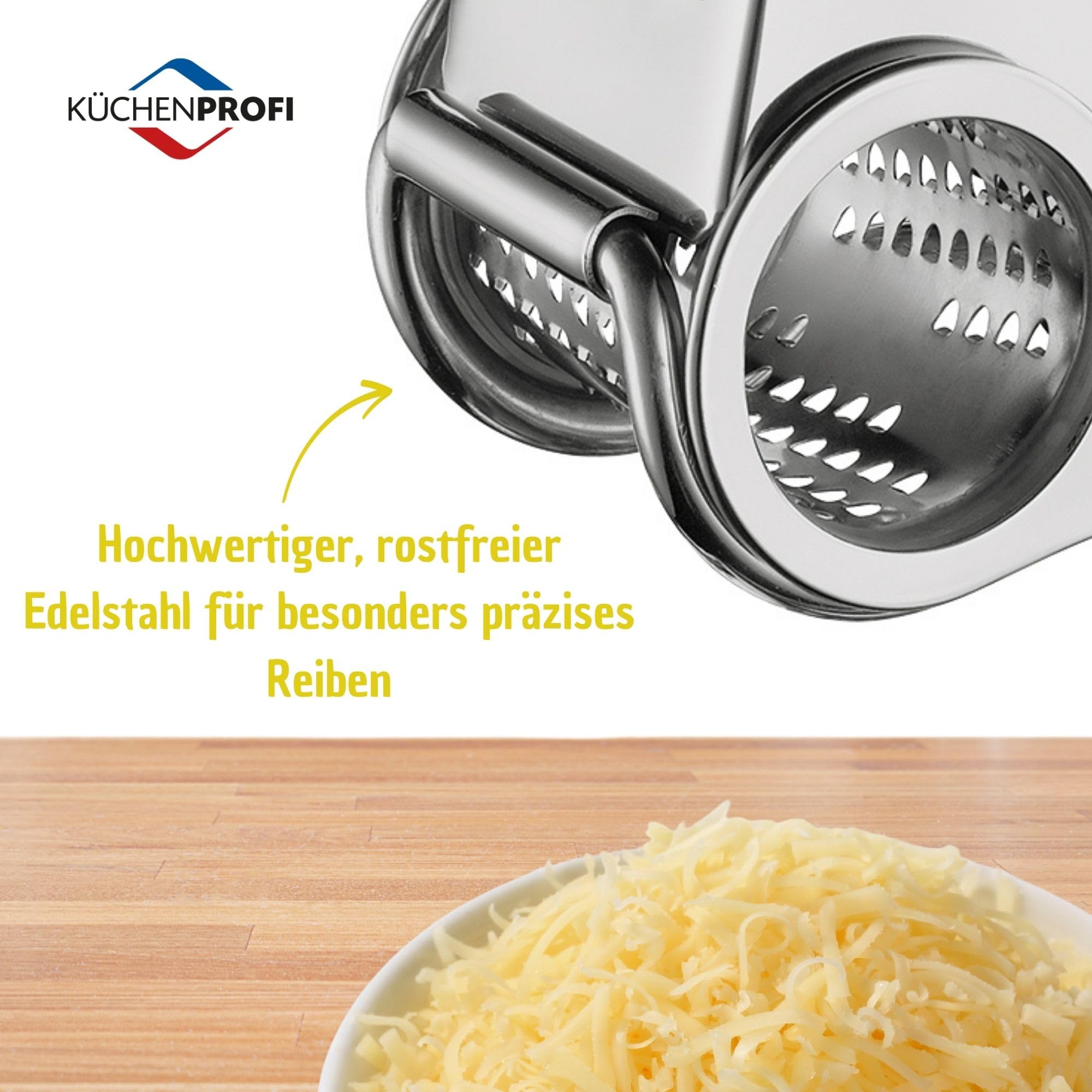 Close-up of Küchenprofi stainless steel finish emphasizes durability for daily grating tasks.