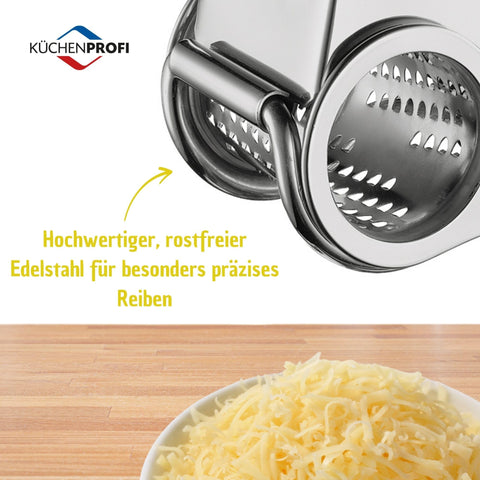 Close-up of Küchenprofi stainless steel finish emphasizes durability for daily grating tasks.