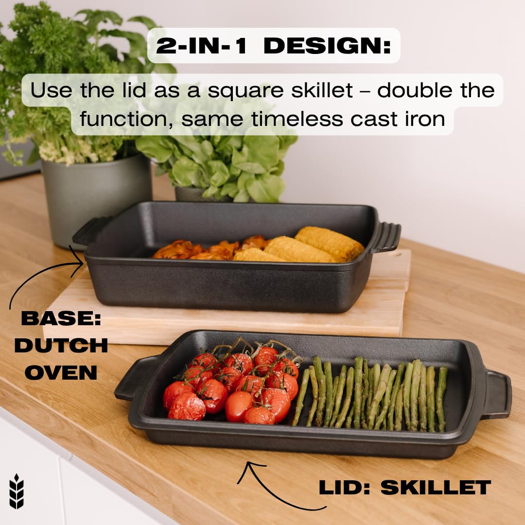 KUHA 6qt square cast iron Dutch oven base braising for hearty meals.