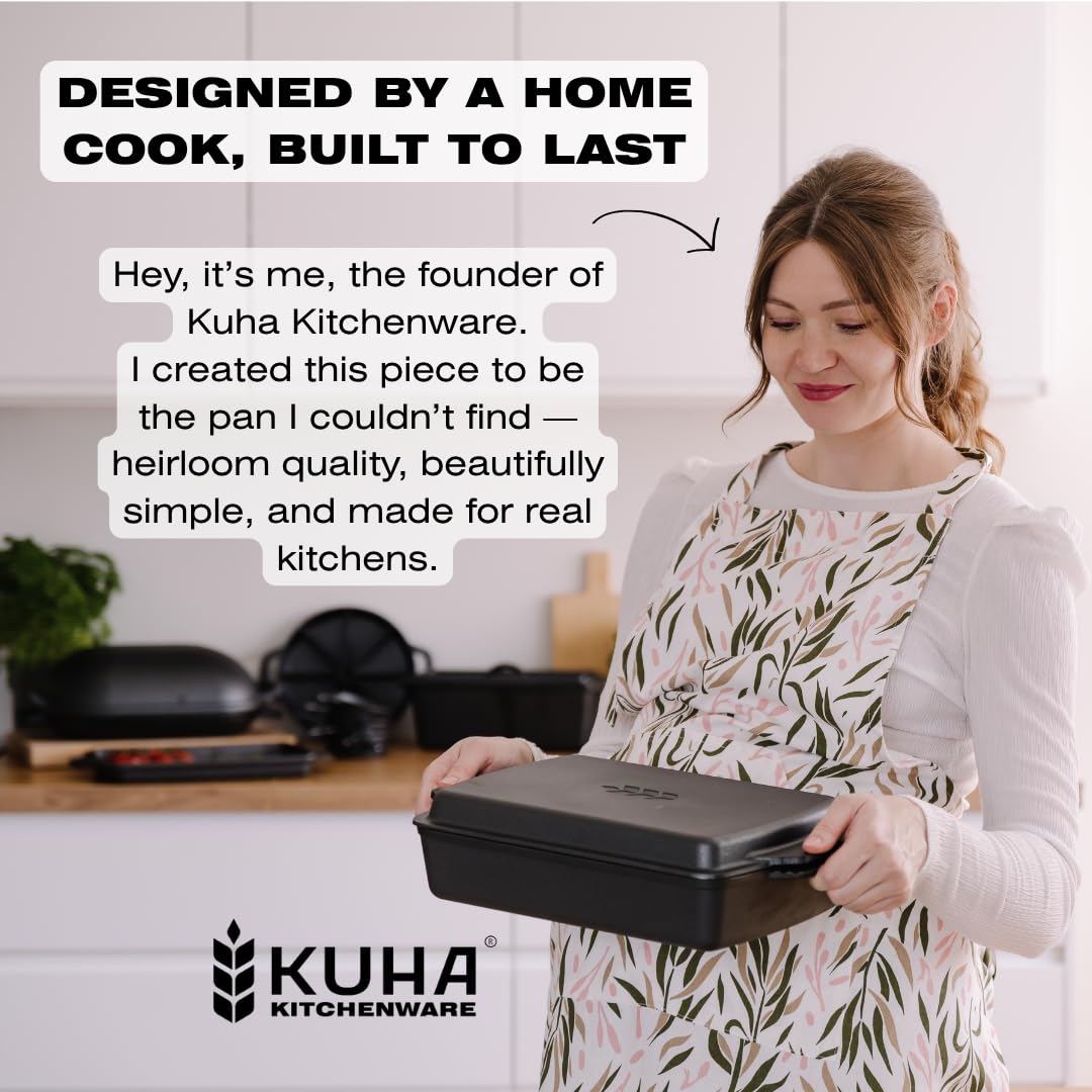 KUHA chainmail scrubber stainless mesh cleans stubborn bits without stripping seasoning.