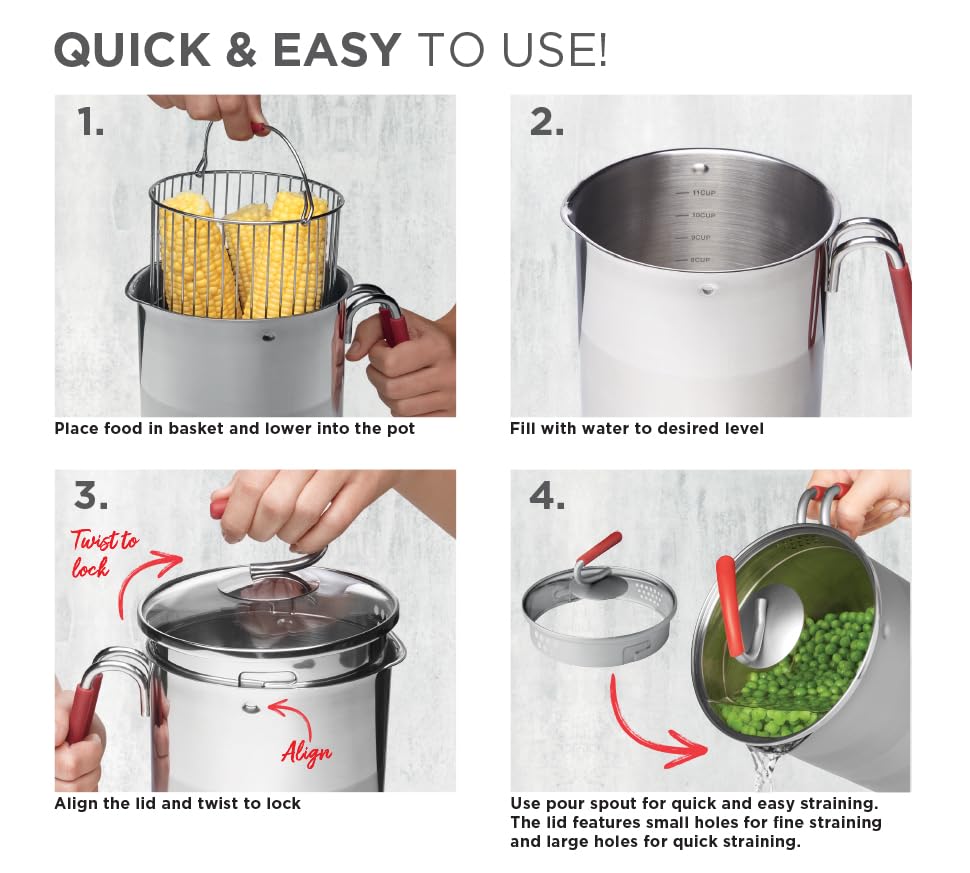 Kuhn Rikon 4th Burner Pot with steam basket for healthy, multi-level steaming.