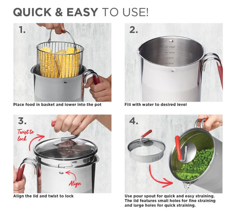 Kuhn Rikon 4th Burner Pot with steam basket for healthy, multi-level steaming.