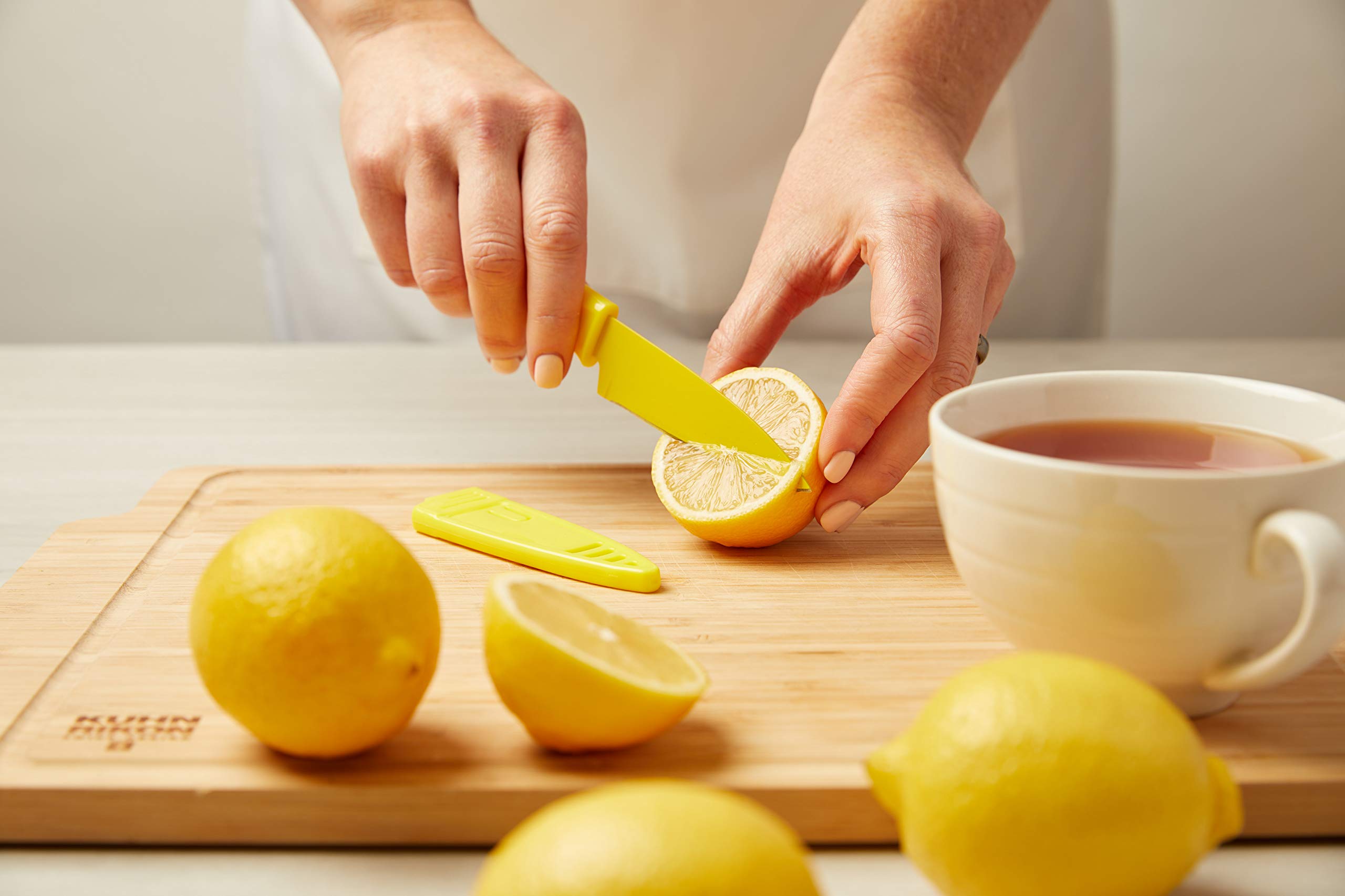 Knife sits safely in a drawer with the COLORI sheath for storage and transport.