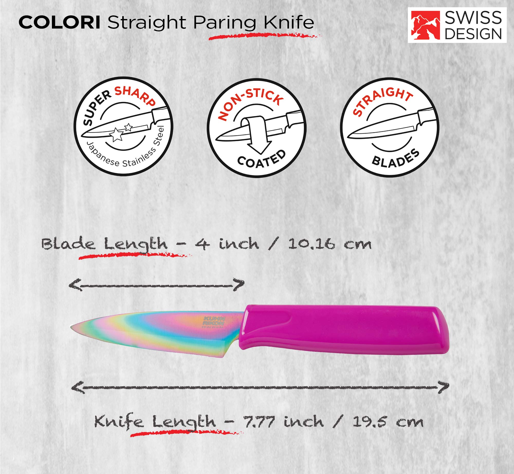 Close-up of Colori paring knife blade showing nonstick coating