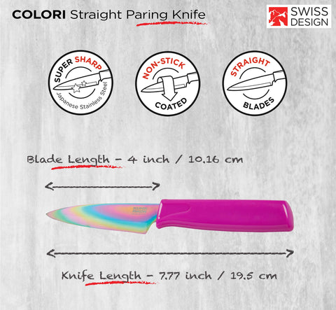 Close-up of Colori paring knife blade showing nonstick coating