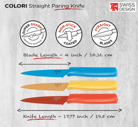 Kuhn Rikon COLORI paring knife with yellow handle for safe, accurate prep.