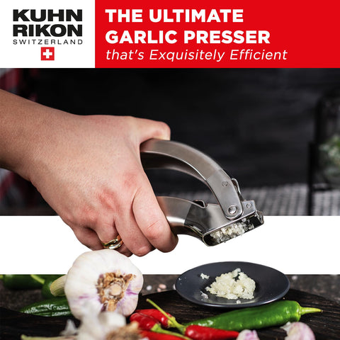 Kuhn Rikon Epicurean Garlic Press shows durable metal body that resists rust