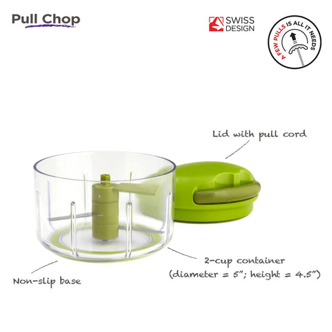 Kuhn Rikon Pull Chop cord mechanism enables controlled coarse to fine chopping.