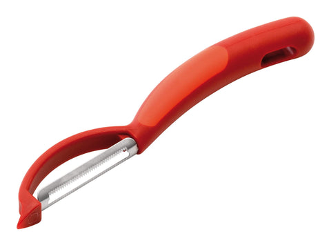 Kuhn Rikon Piranha Swivel Peeler showing fuzzy skin peeling action.