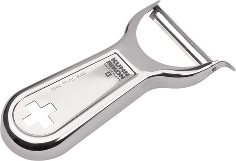 Kuhn Rikon Swiss Metal Peeler front view highlights sleek design for effortless prep
