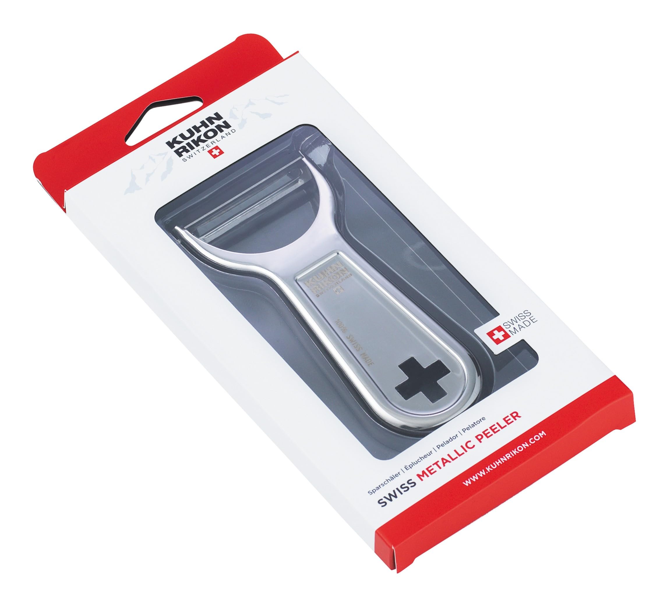 Kuhn Rikon Swiss Metal Peeler stainless steel close-up emphasizes durability and quality