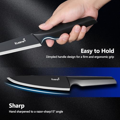 KUISINE 7-inch santoku knife closeup emphasizing balance and high-carbon stainless steel blade.