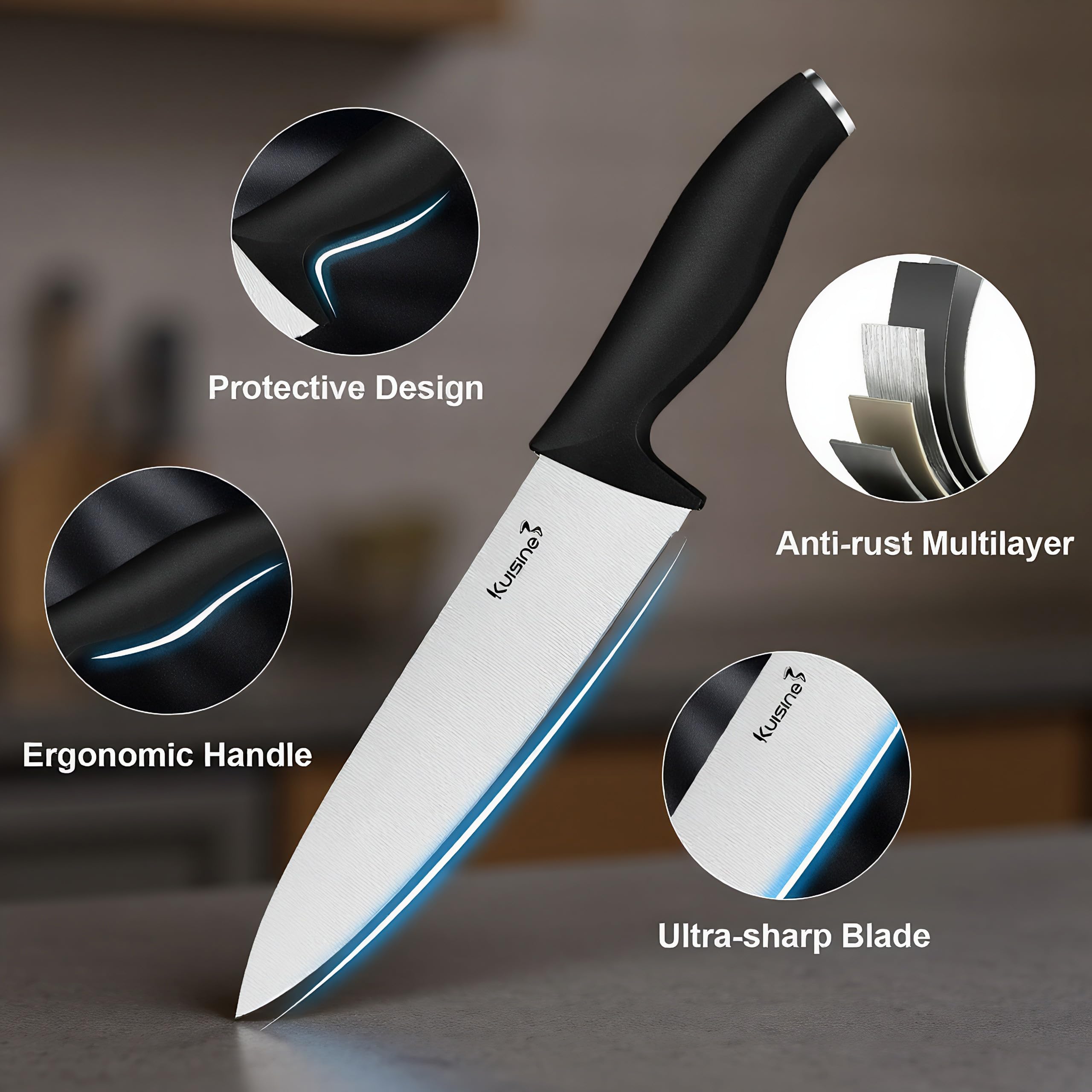 Kuisine 8in slicing knife delivering clean, even cuts for meats and vegetables