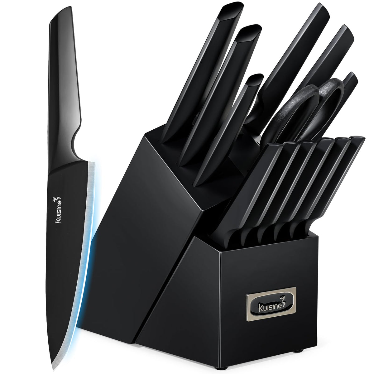 KUISINE premium knife-set block closeup showing built-in sharpener for easy edge maintenance.