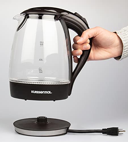Kuissential electric water kettle 360-degree base supports cordless serving.