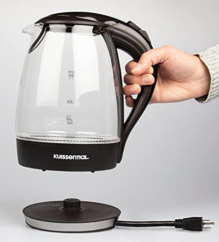 Kuissential electric water kettle 360-degree base supports cordless serving.