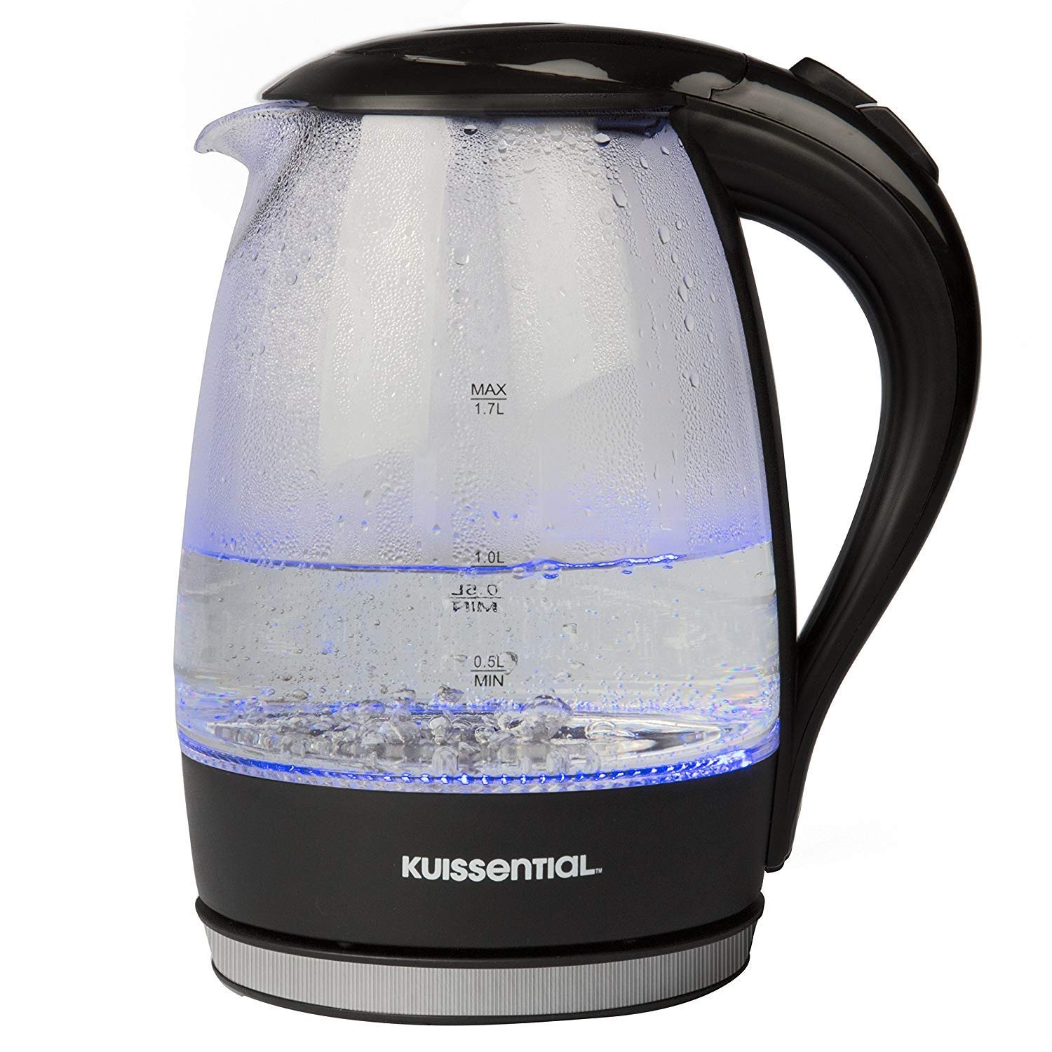Kuissential electric water kettle cool touch handle for safe pouring.