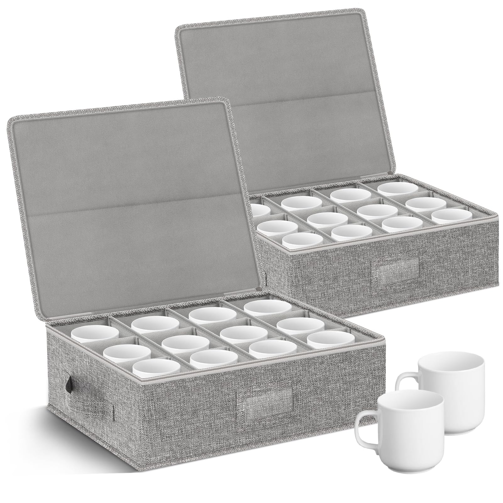 Kukikan mug storage box with dividers holds 24 cups for organized storage.