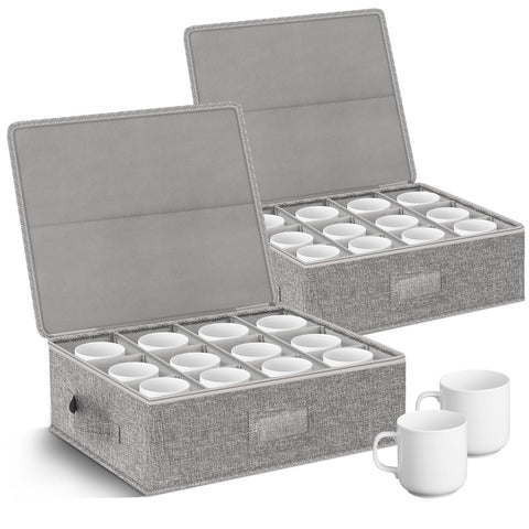 Kukikan mug storage box with dividers holds 24 cups for organized storage.