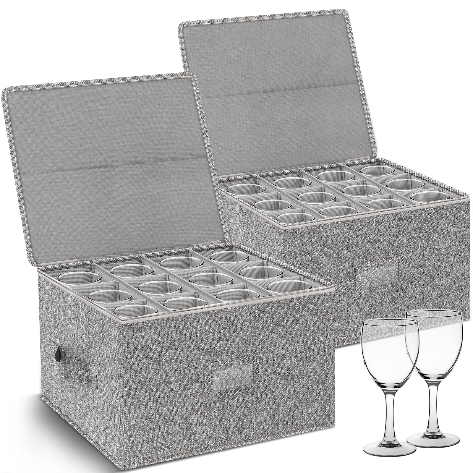 Kukikan wine glass storage box 2-pack with hard shell top protecting stems during moves.
