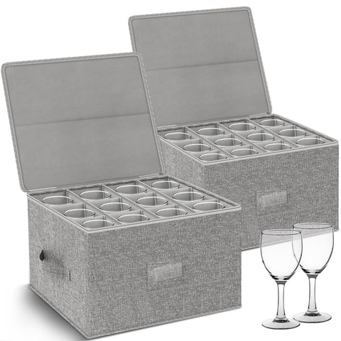Kukikan wine glass storage box 2-pack with hard shell top protecting stems during moves.