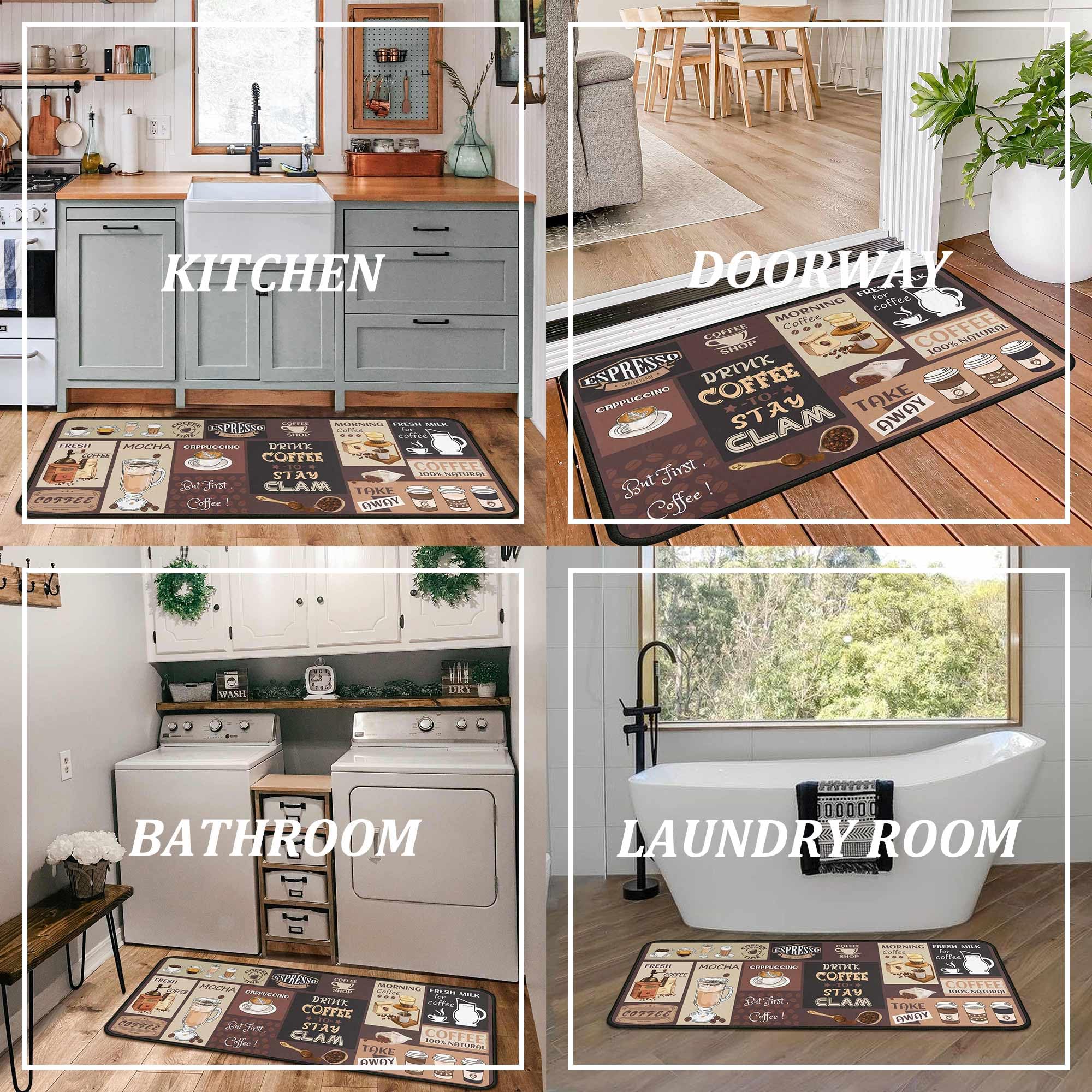 Kukli Coffee Kitchen Rugs 2-piece set fits standard kitchen layouts.