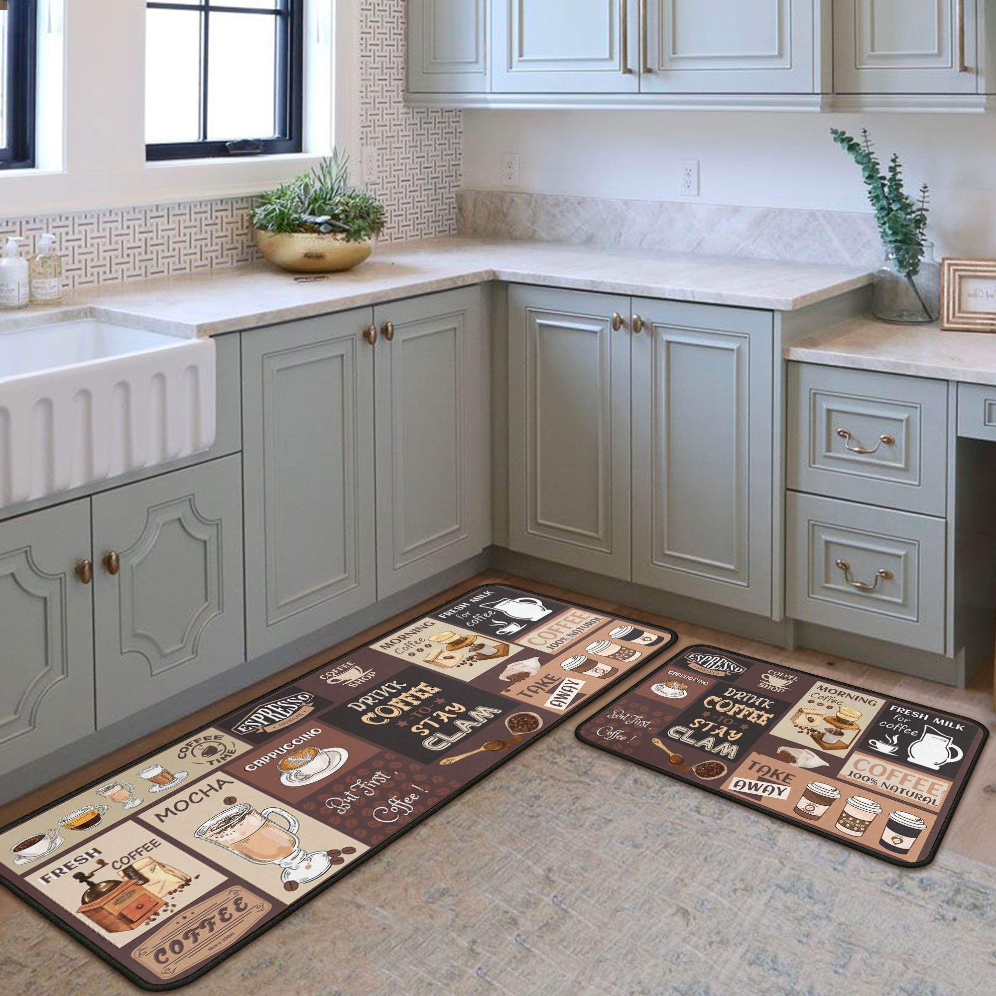 Kukli Coffee Kitchen Rugs stain-resistant surface keeps spills less visible.