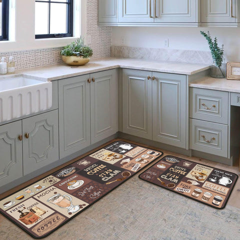Kukli Coffee Kitchen Rugs stain-resistant surface keeps spills less visible.