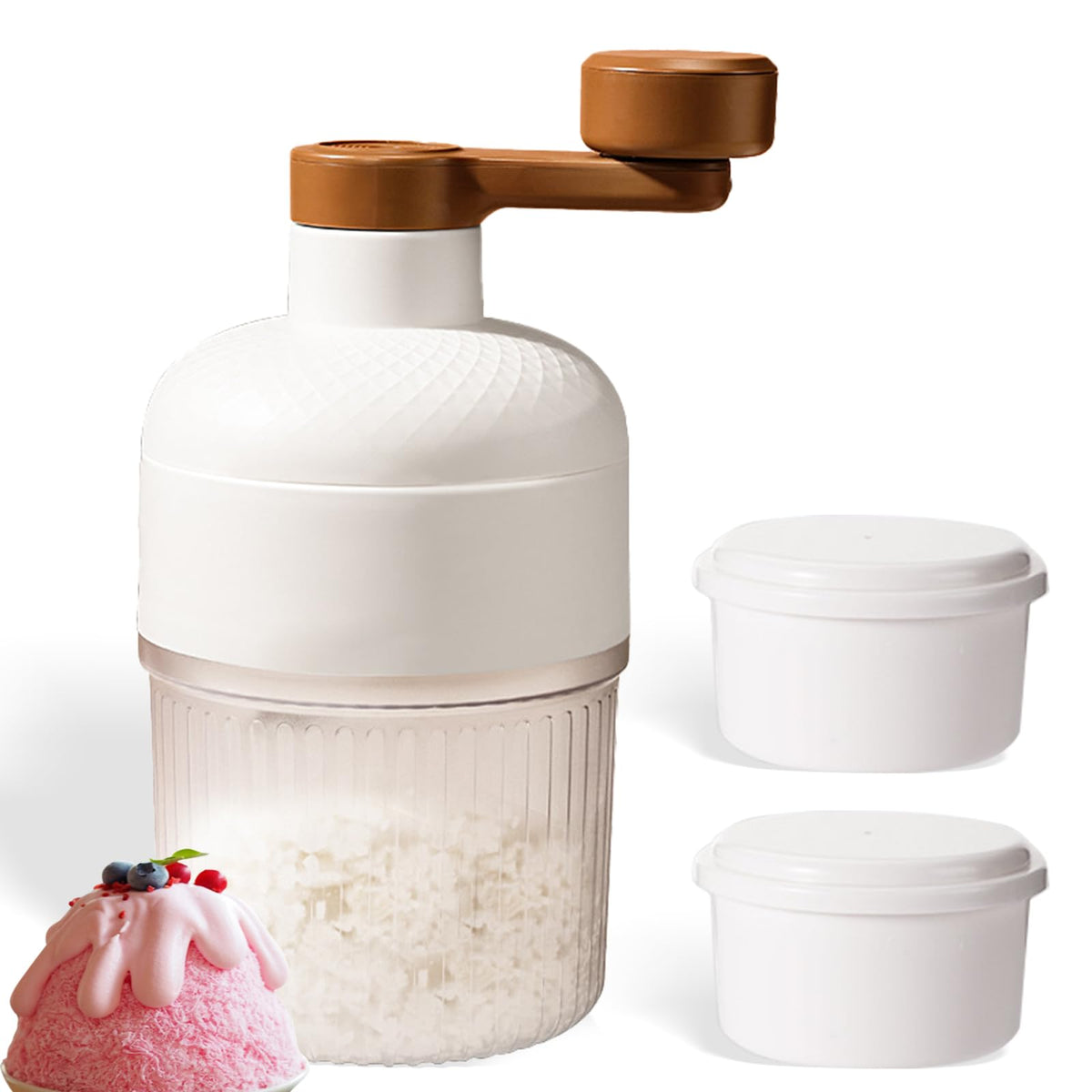 KUMET manual ice shaver with a hand crank for portable shaved ice on the go.