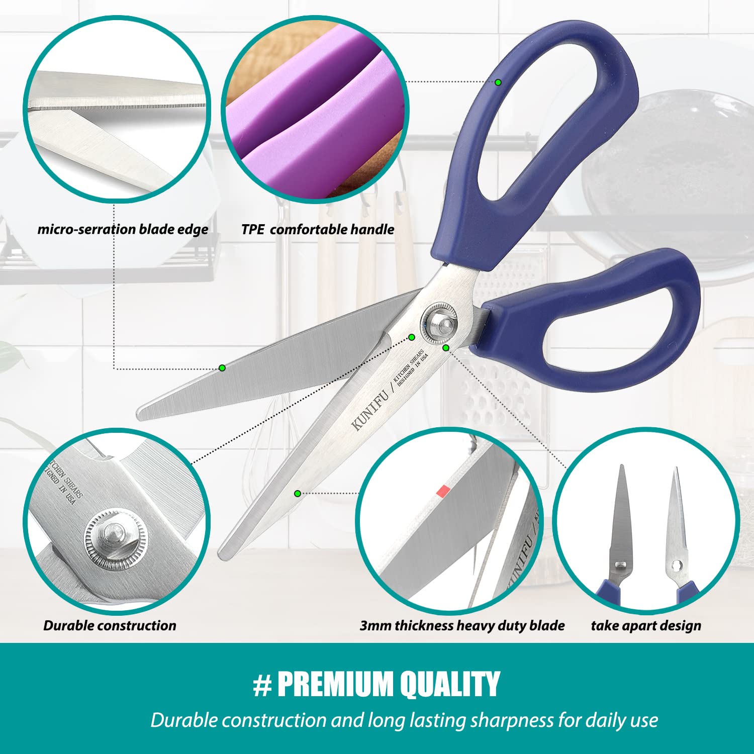 KUNIFU kitchen scissors heavy blades handle tough tasks with precision.